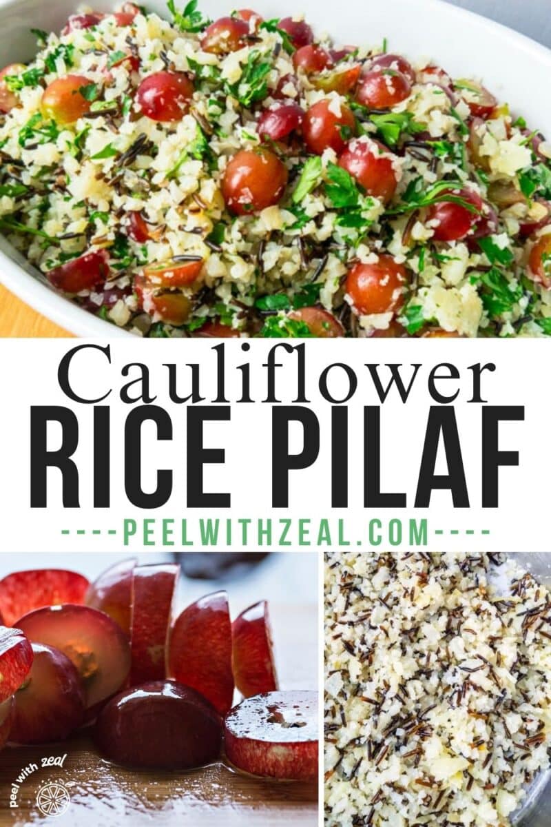 Cauliflower rice pilaf with fresh herbs in a bowl with sliced grapes.