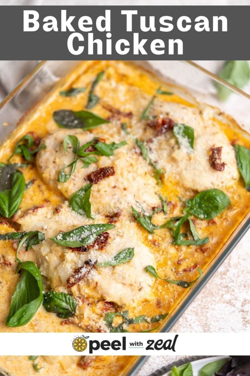 Tuscan chicken with sun dried tomatoes in a cream sauce with fresh basil leaves.