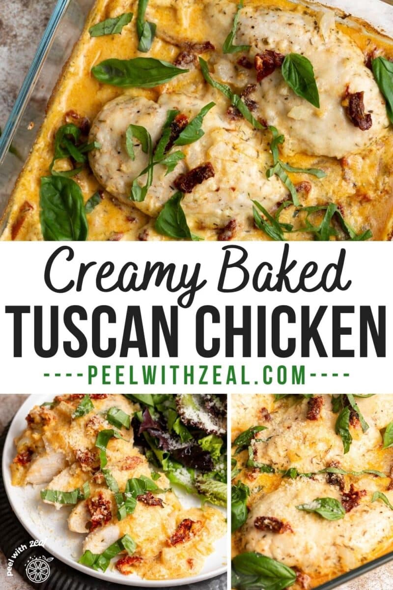 Tuscan chicken with sun dried tomatoes in a cream sauce with fresh basil leaves.