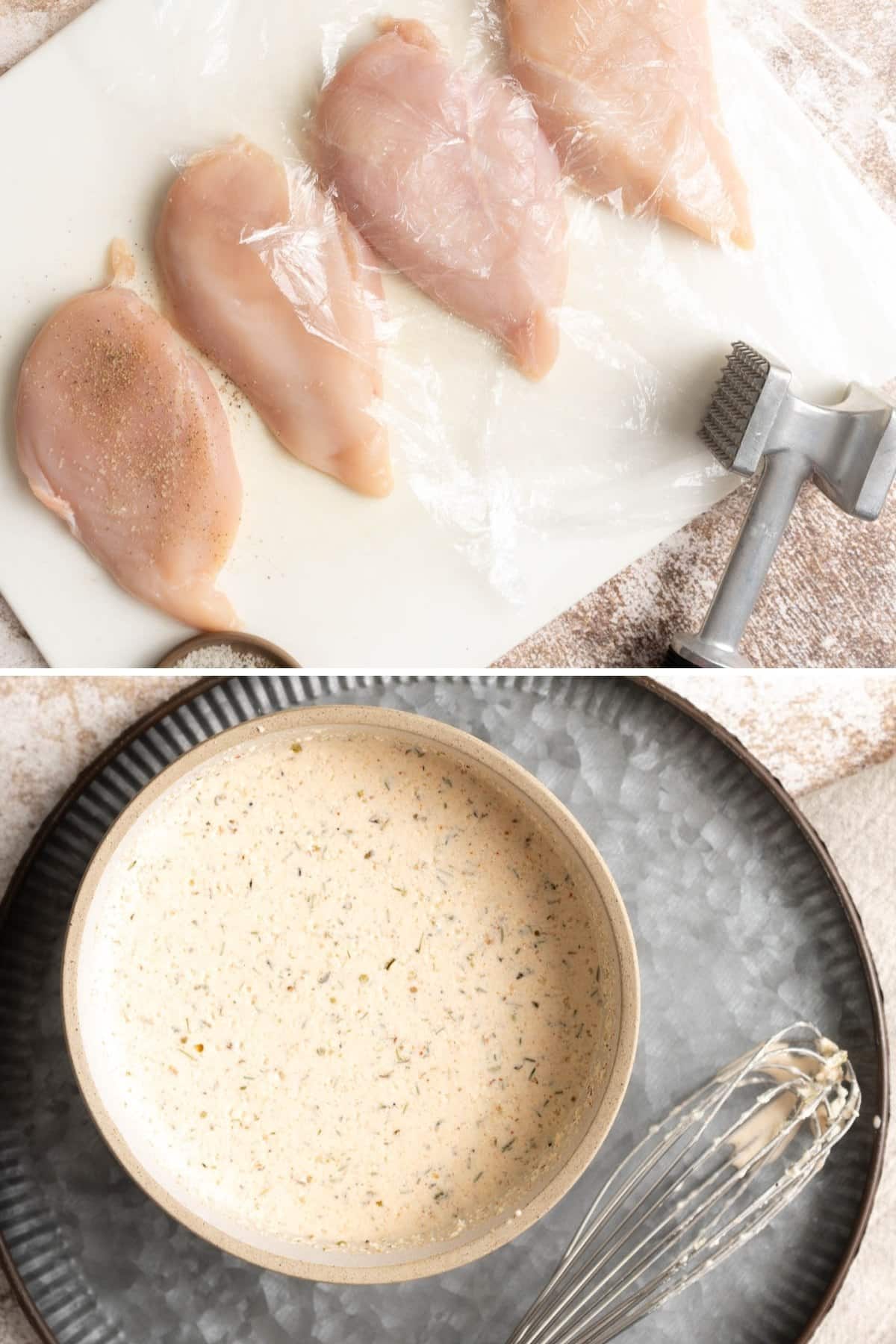 Pounding chicken breast thin and creamy sauce in a bowl.