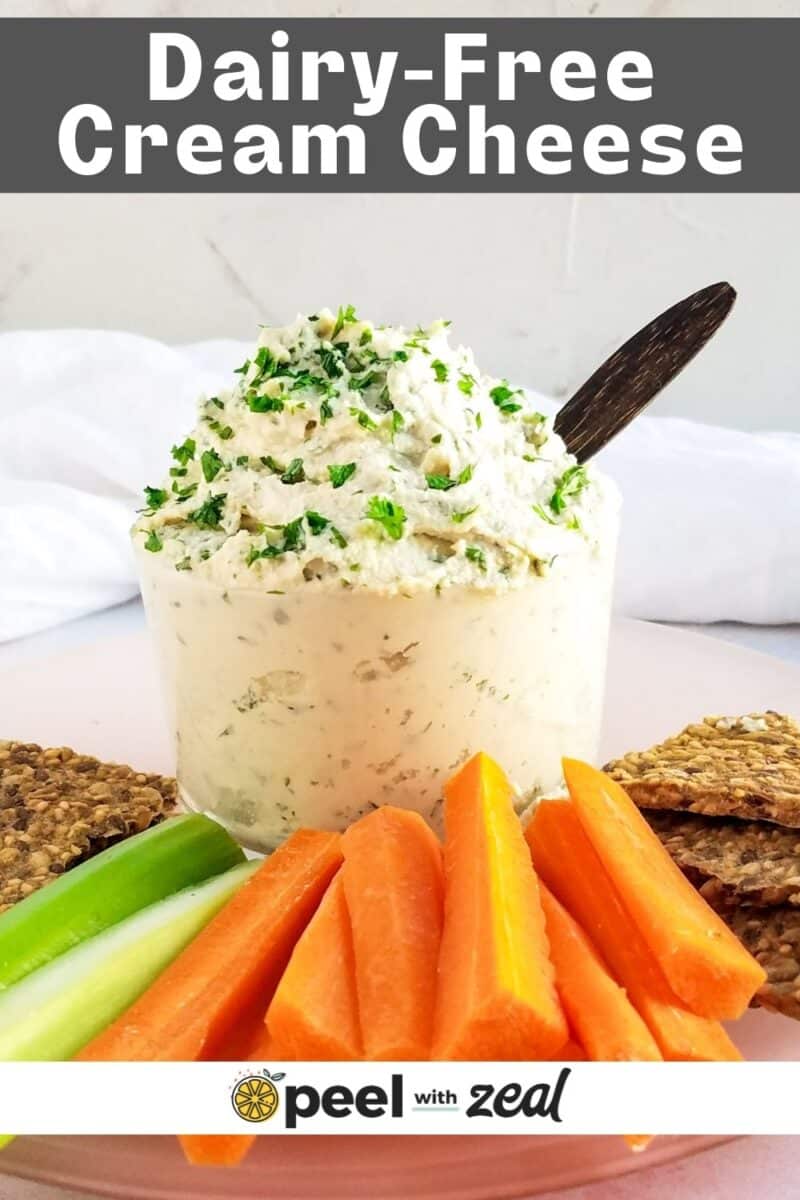Dairy-free vegan cream cheese in a bowl with carrots and celery.