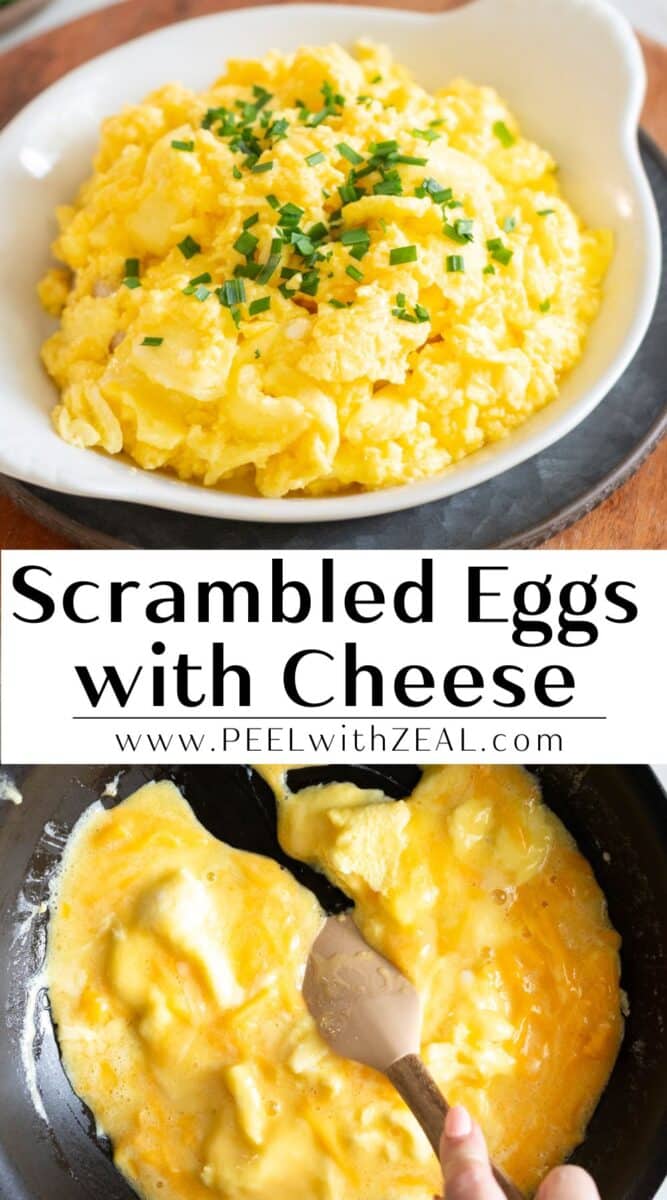 Scrambled eggs and toast on a plate.
