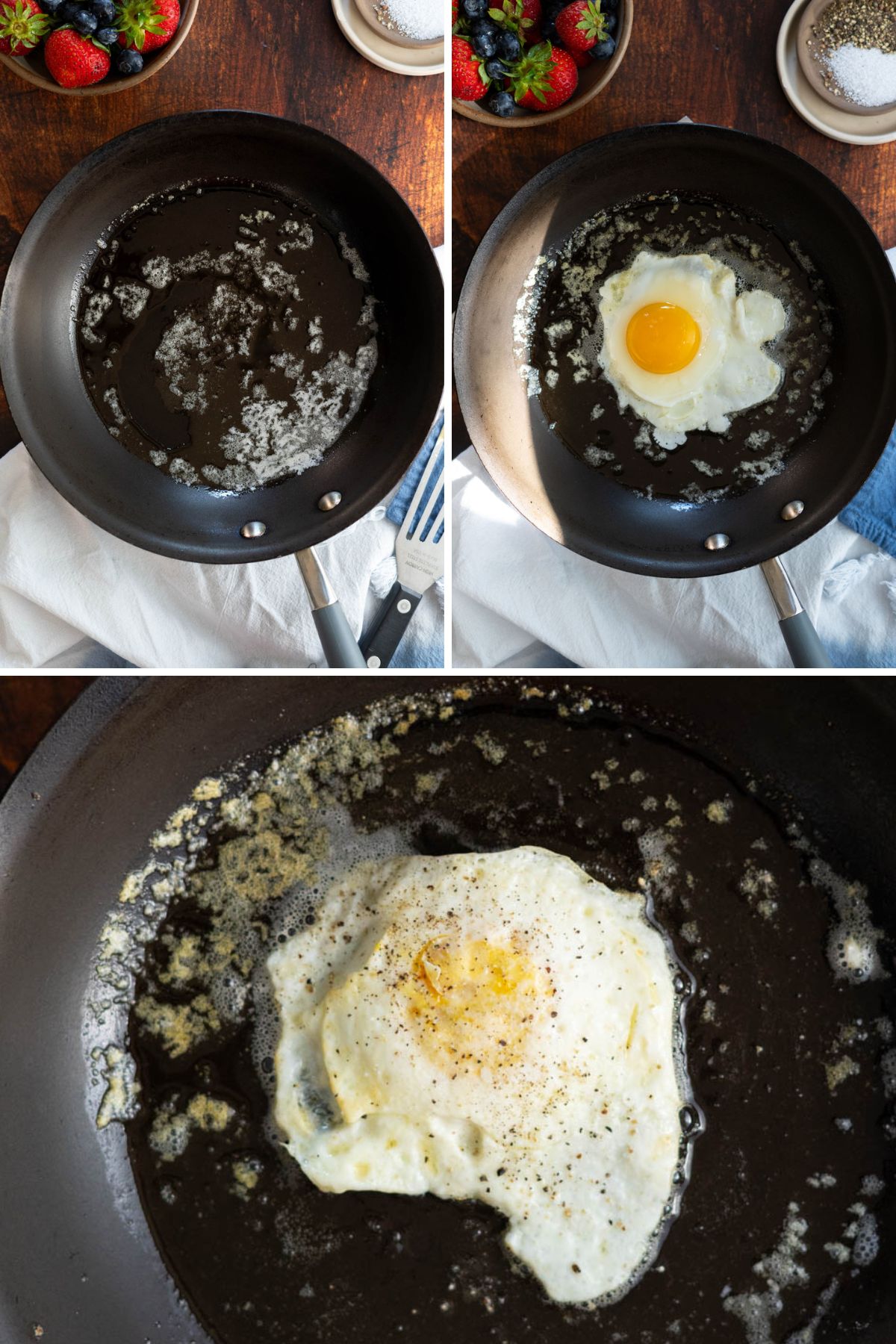 Frying eggs over medium in a nonstick pan.
