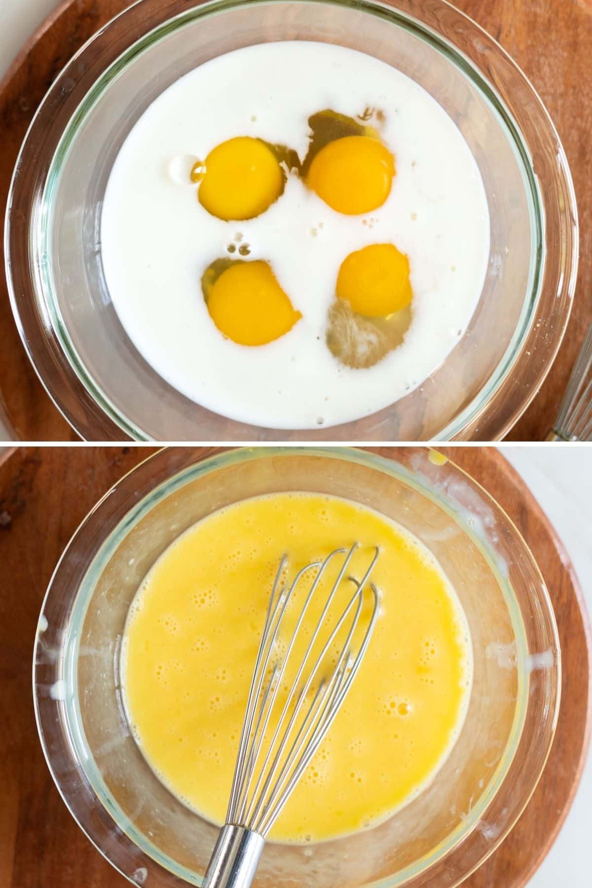 Whisking eggs and milk in a bowl.