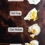 The 4 types of fried eggs on a cutting board.