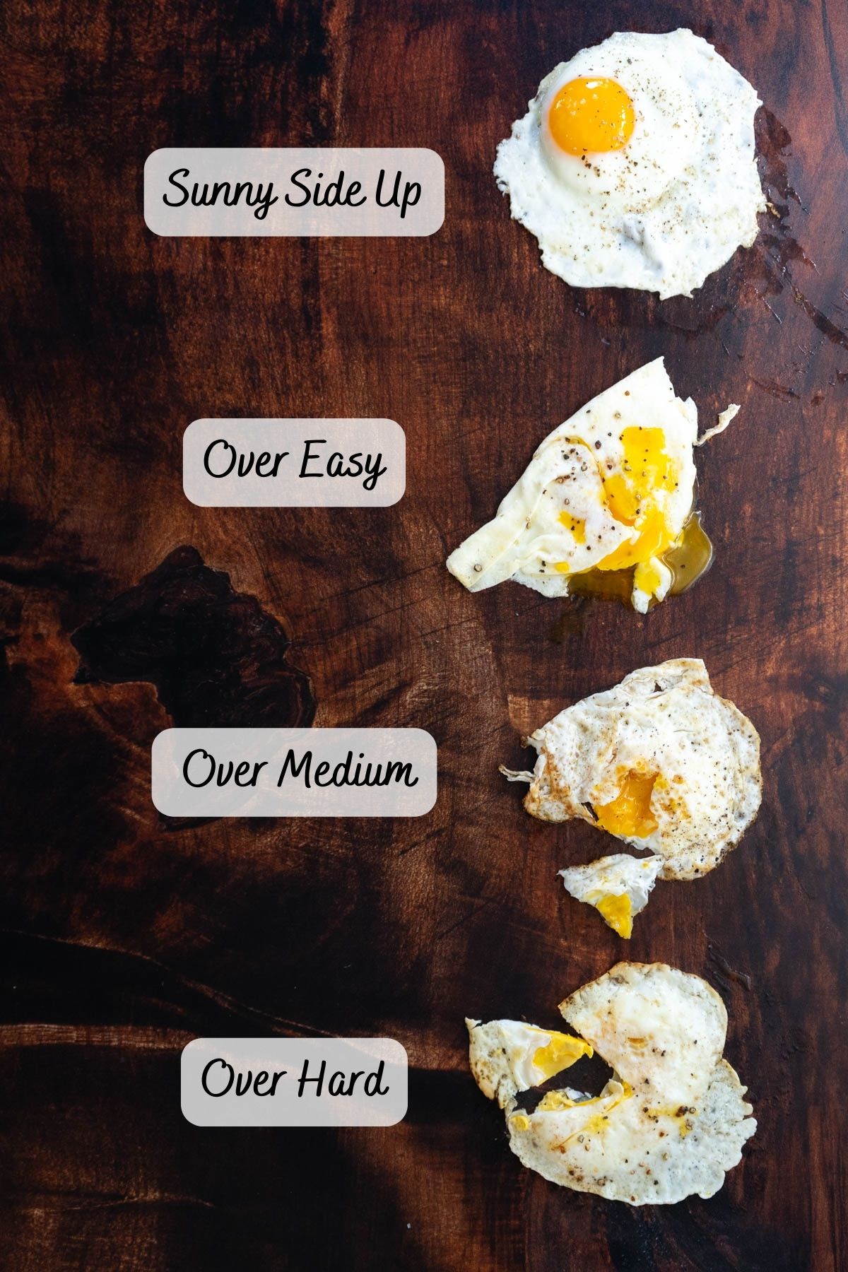 The 4 types of fried eggs on a cutting board.