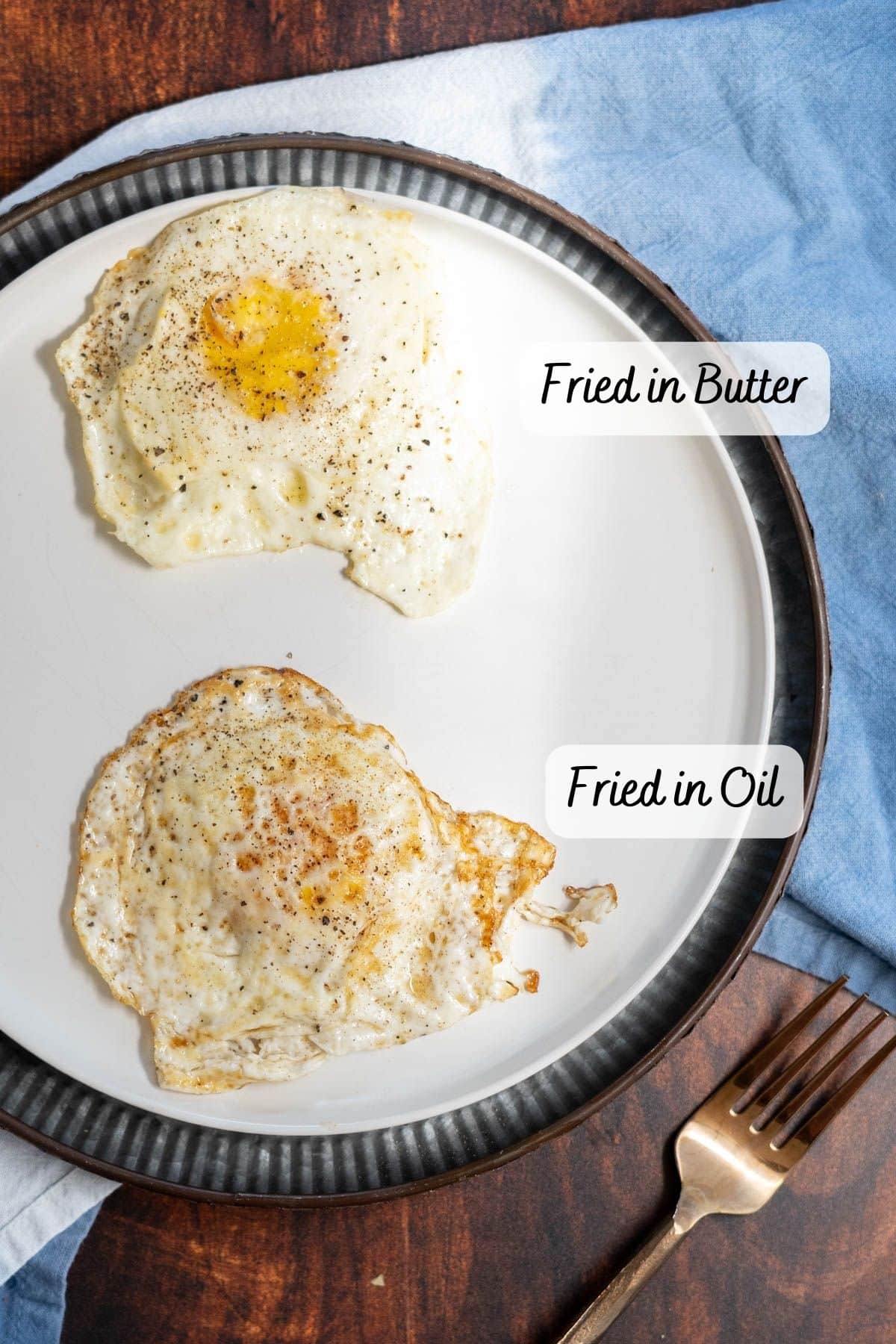 Eggs fried in oil versus butter.