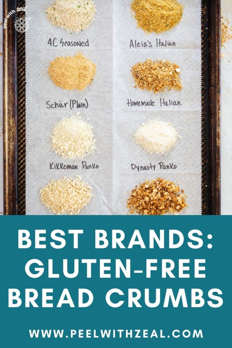Gluten free bread crumb brands on a sheet pan with labels.
