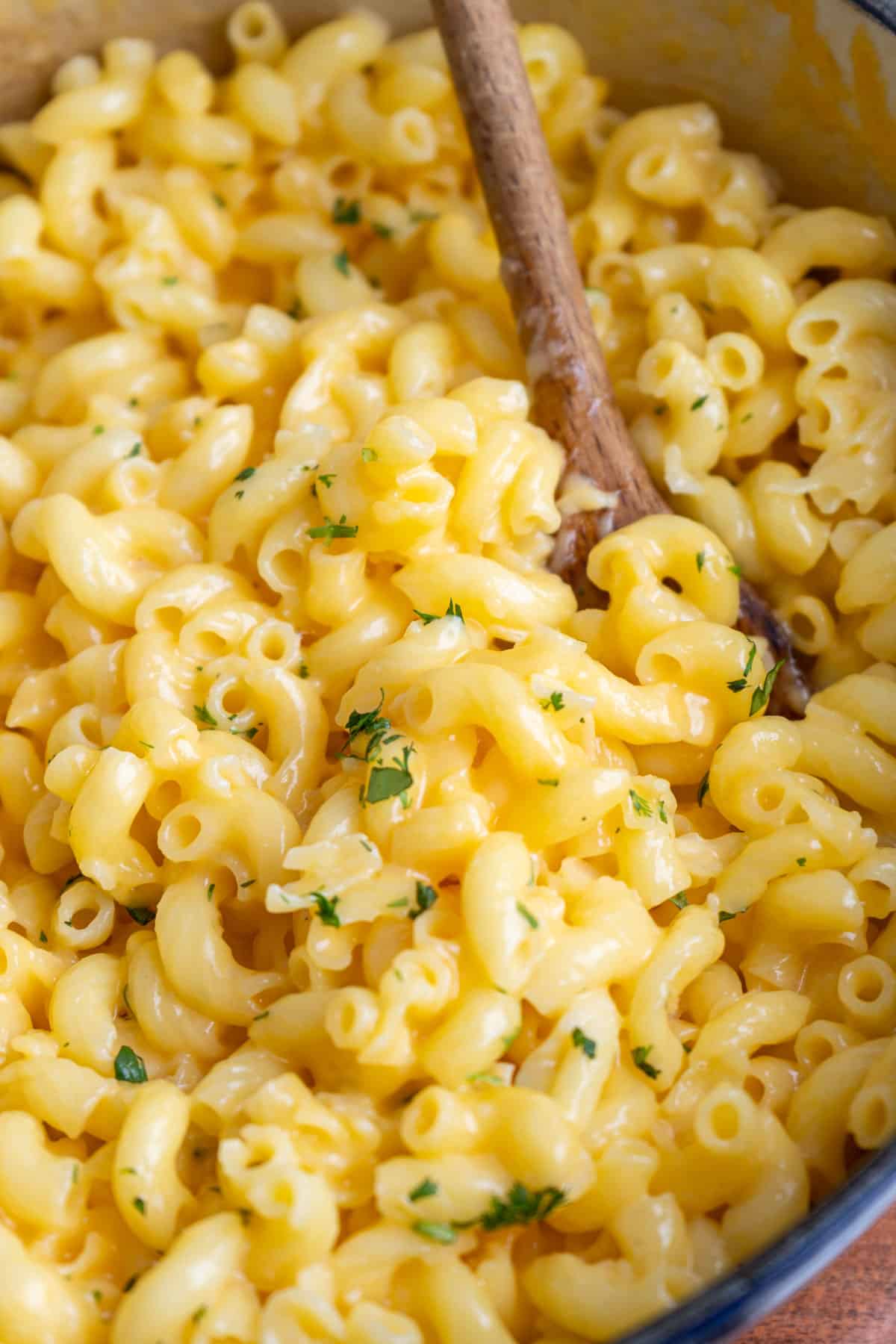 Creamy gluten free macaroni and cheese in a pot.