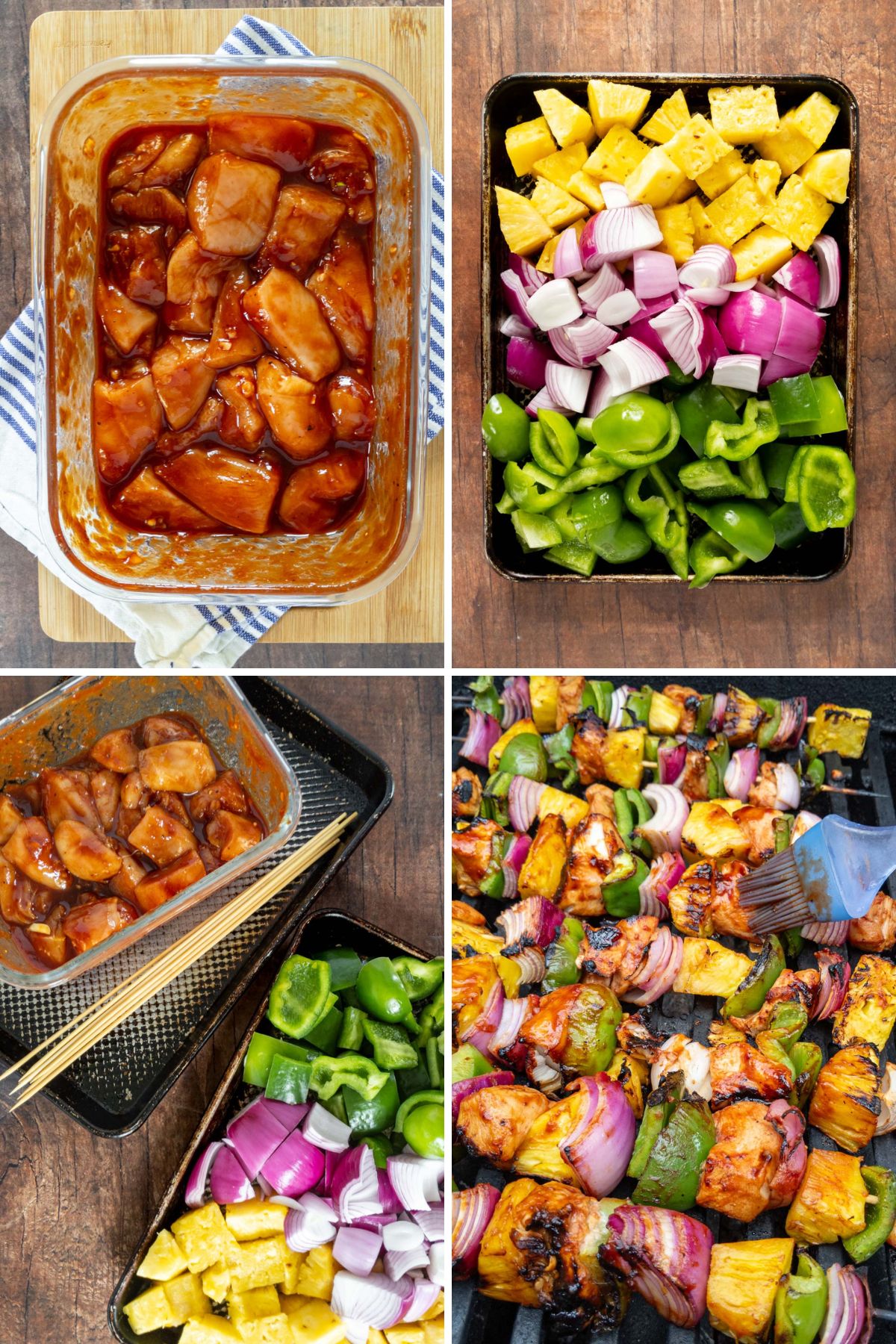 Assembling and grilling chicken kabobs.