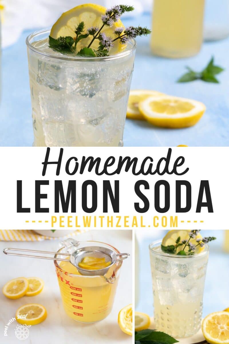 Homemade lemon soda in a glass and lemon syrup in a pitcher.