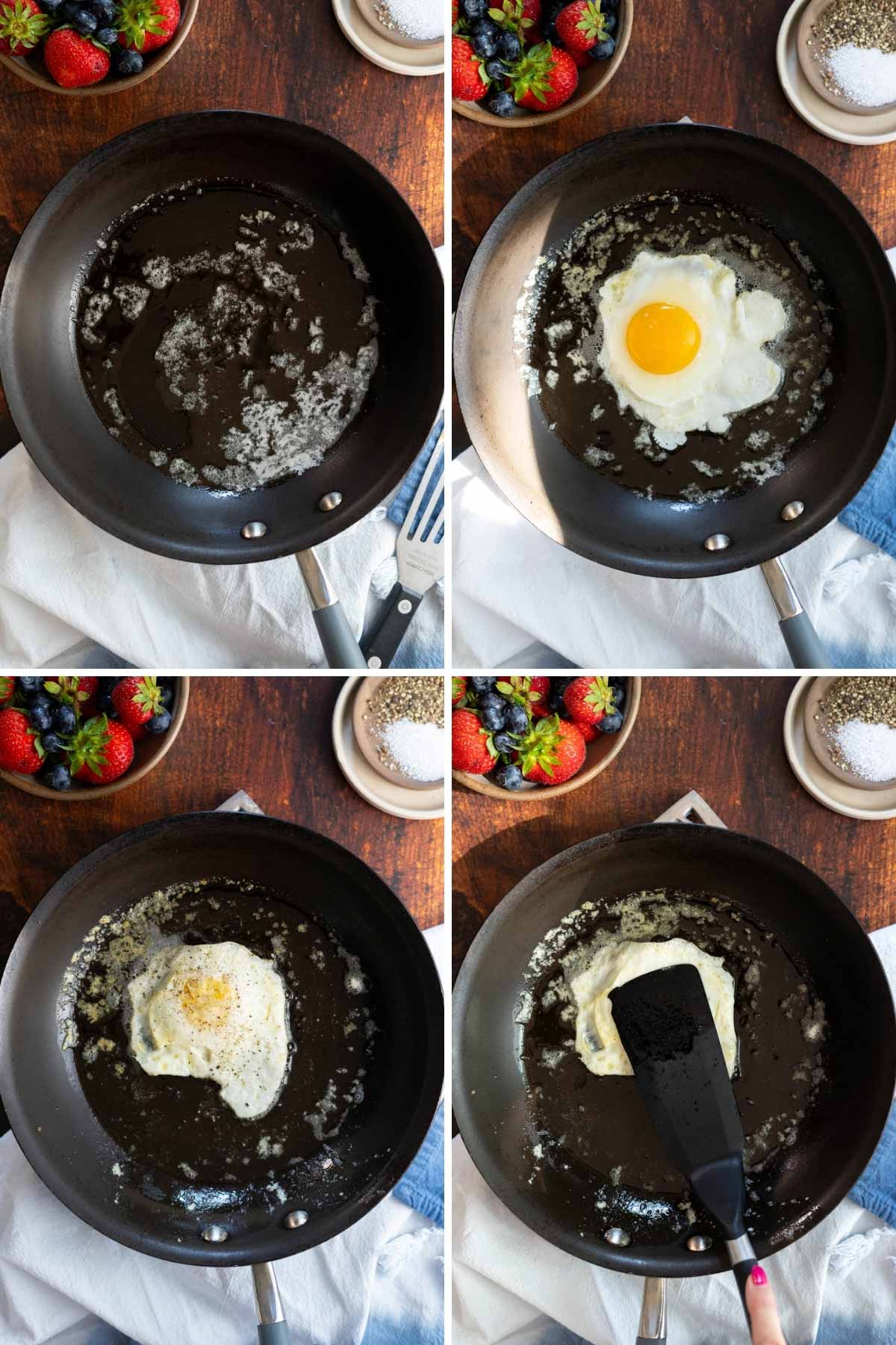 Frying an egg in a non stick skillet.