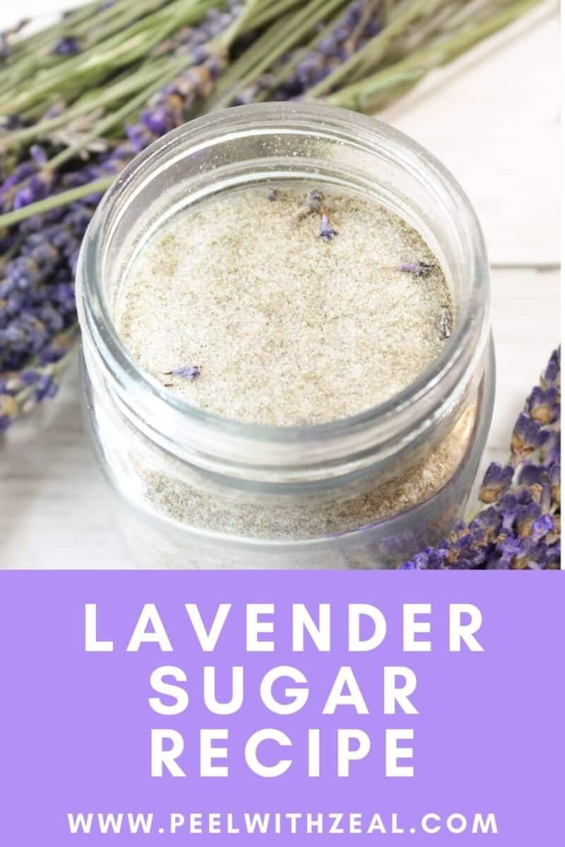 A jar of fragrant lavender sugar rests on a white surface, surrounded by delicate lavender sprigs. The image text reads, "Lavender Sugar Recipe," inviting you to discover the sweet delight at www.peelwithzeal.com.