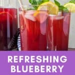 Two glasses of fruit tea flavored with blueberries and lemon.