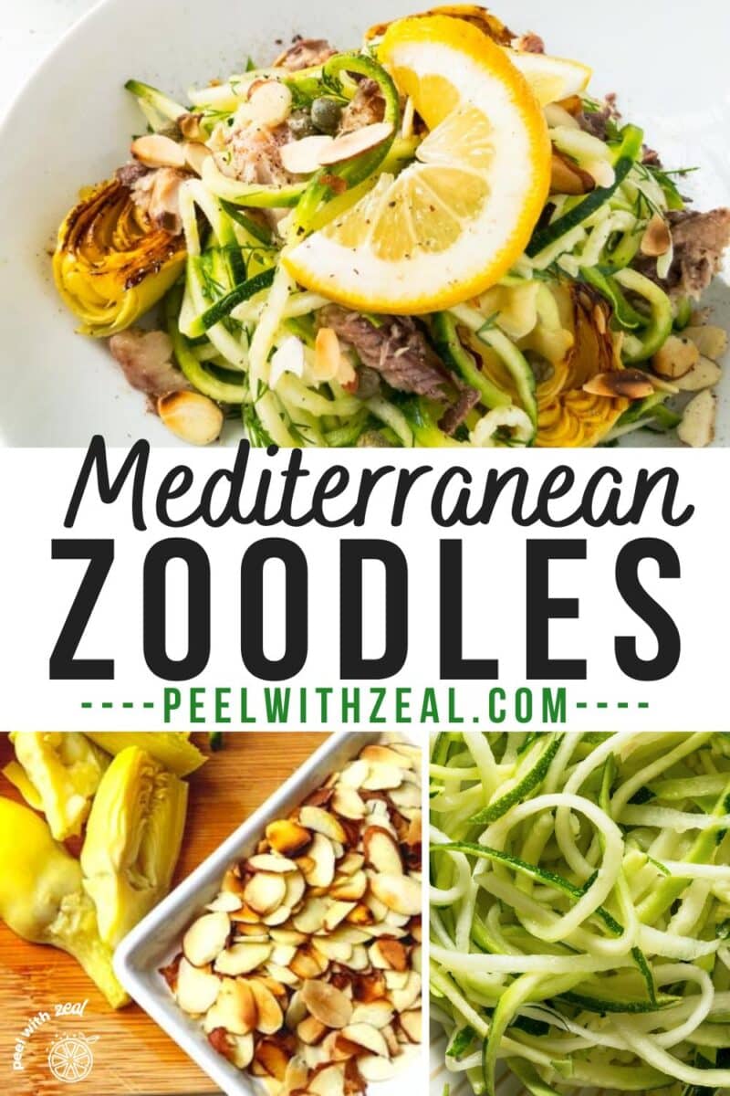 Lemon zoodles in bowl with almonds and sardines.