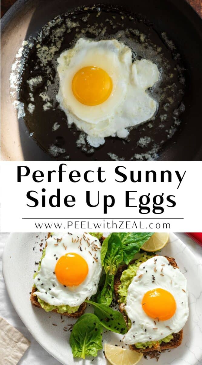 Sunny side up egg in a frying pan and eggs on avocado toast.