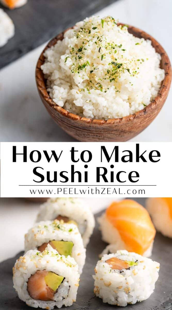 Sushi rice in a wood bowl with furikake seasoning wit homemade sushi rolls.
