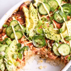 Sushi bake in a casserole dish.