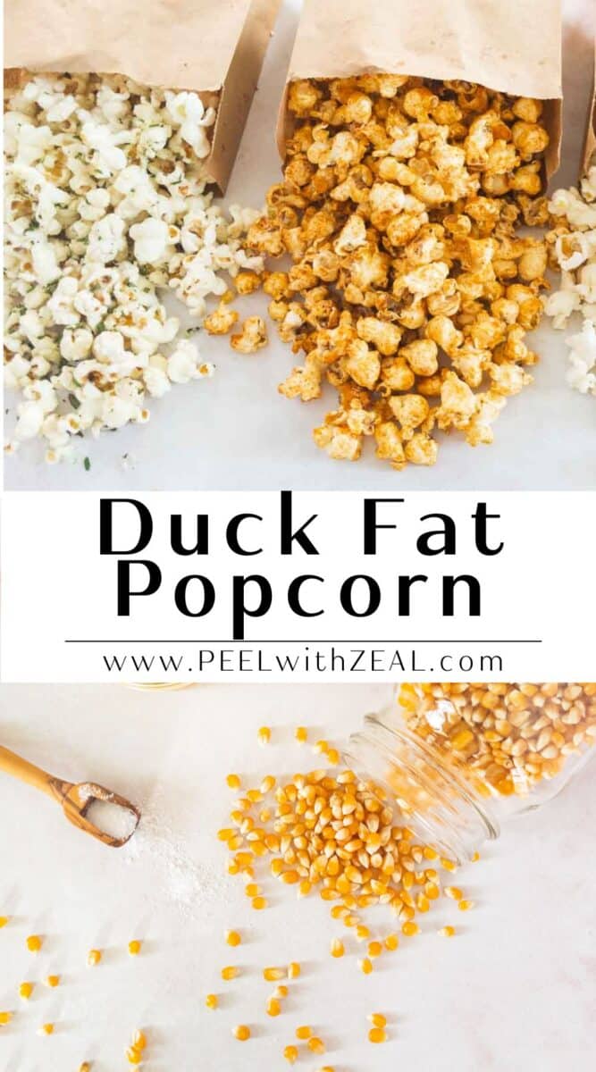 Different savory flavors of homemade duck fat popcorn.