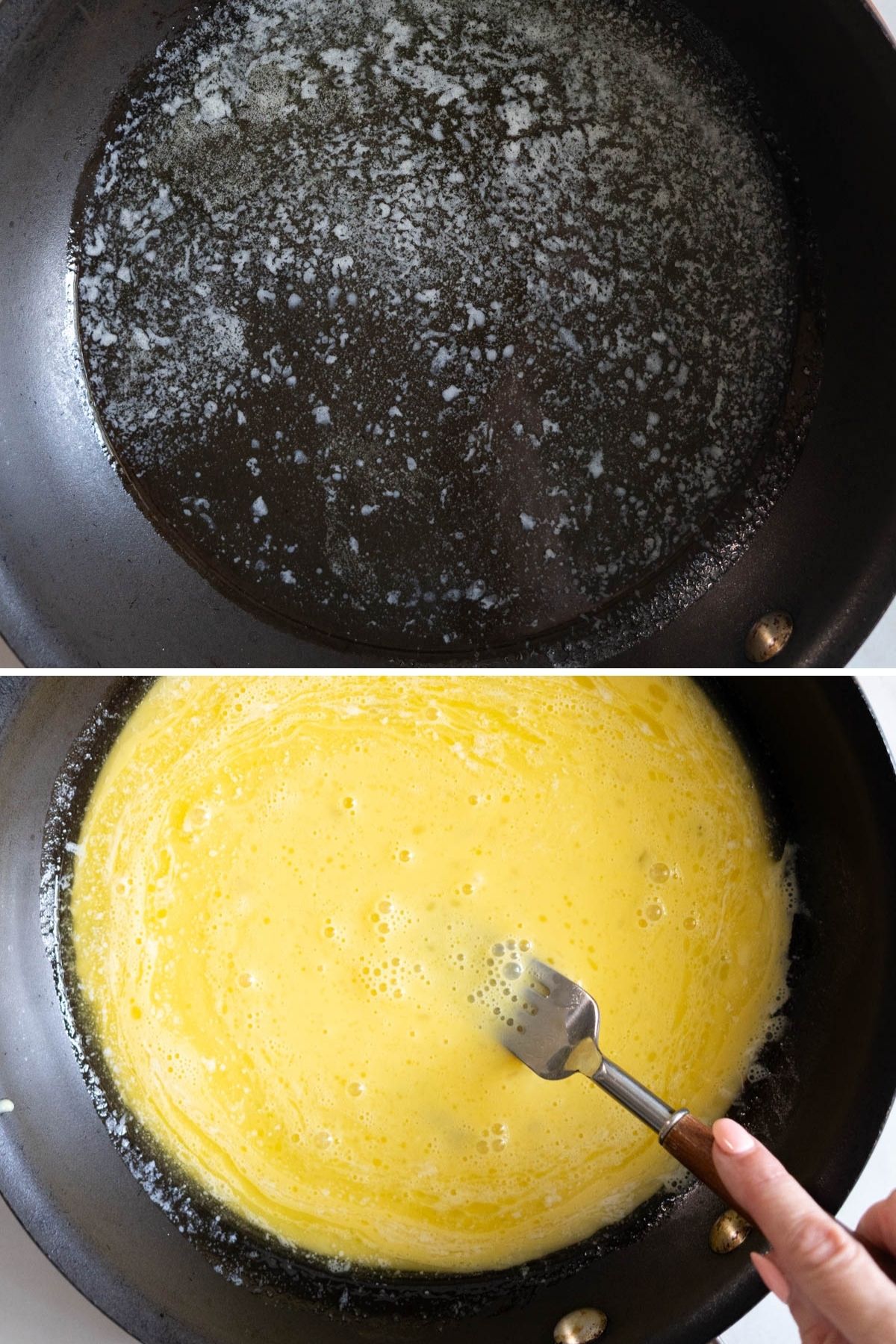 whisking eggs in melted butter.