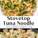 Stovetop tuna noodle in a skillet.
