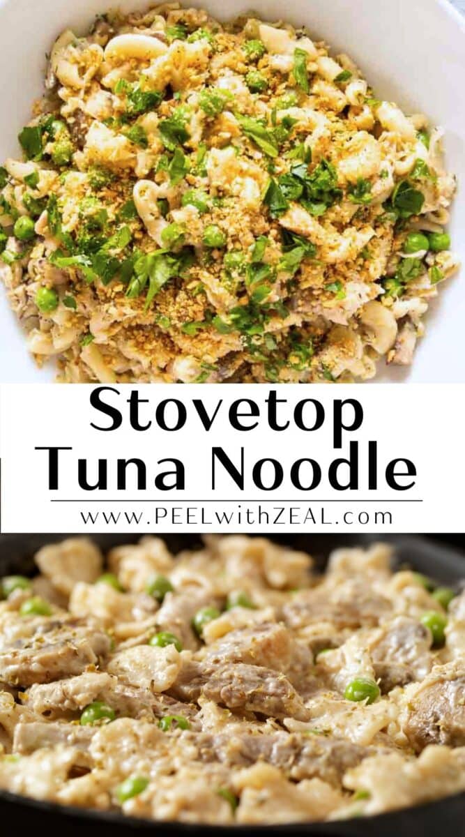 Stovetop tuna noodle in a skillet.