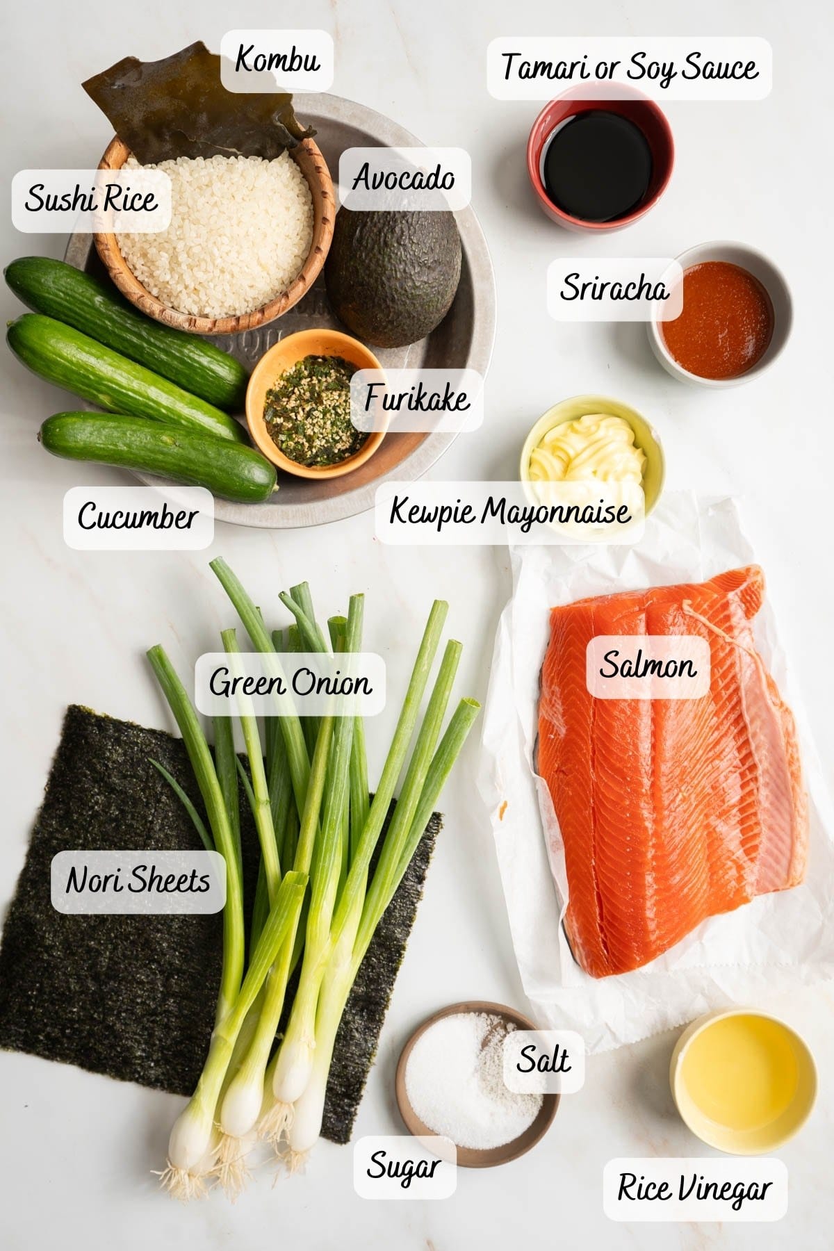 Sushi bake ingredients on a counter.