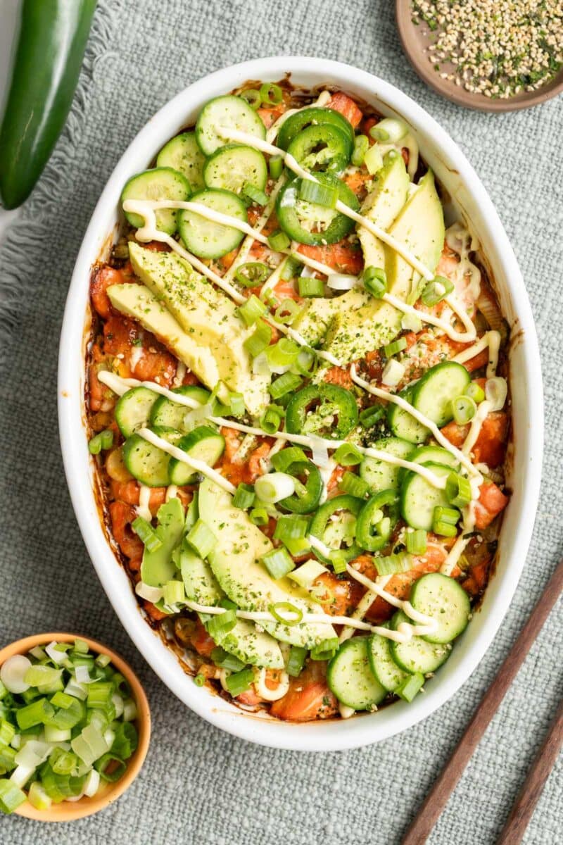 Sushi bake in a casserole dish.