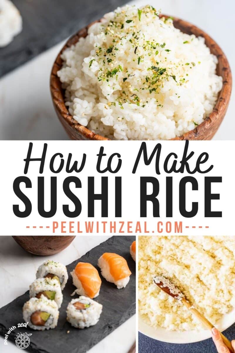 Sushi rice in a wood bowl with furikake seasoning.