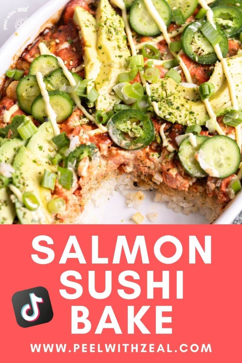 Sushi bake in a casserole dish.
