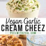Cashew cream cheese in a bowl with roasted garlic.