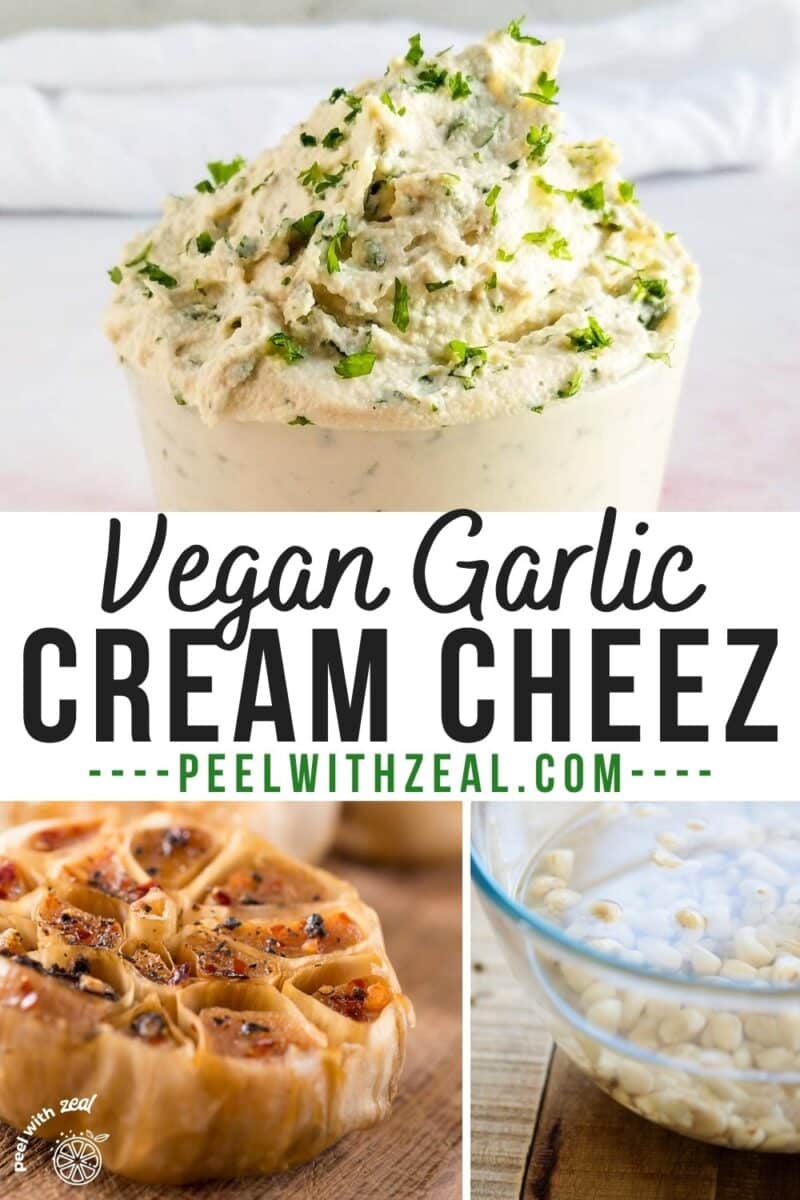 Cashew cream cheese in a bowl with roasted garlic.