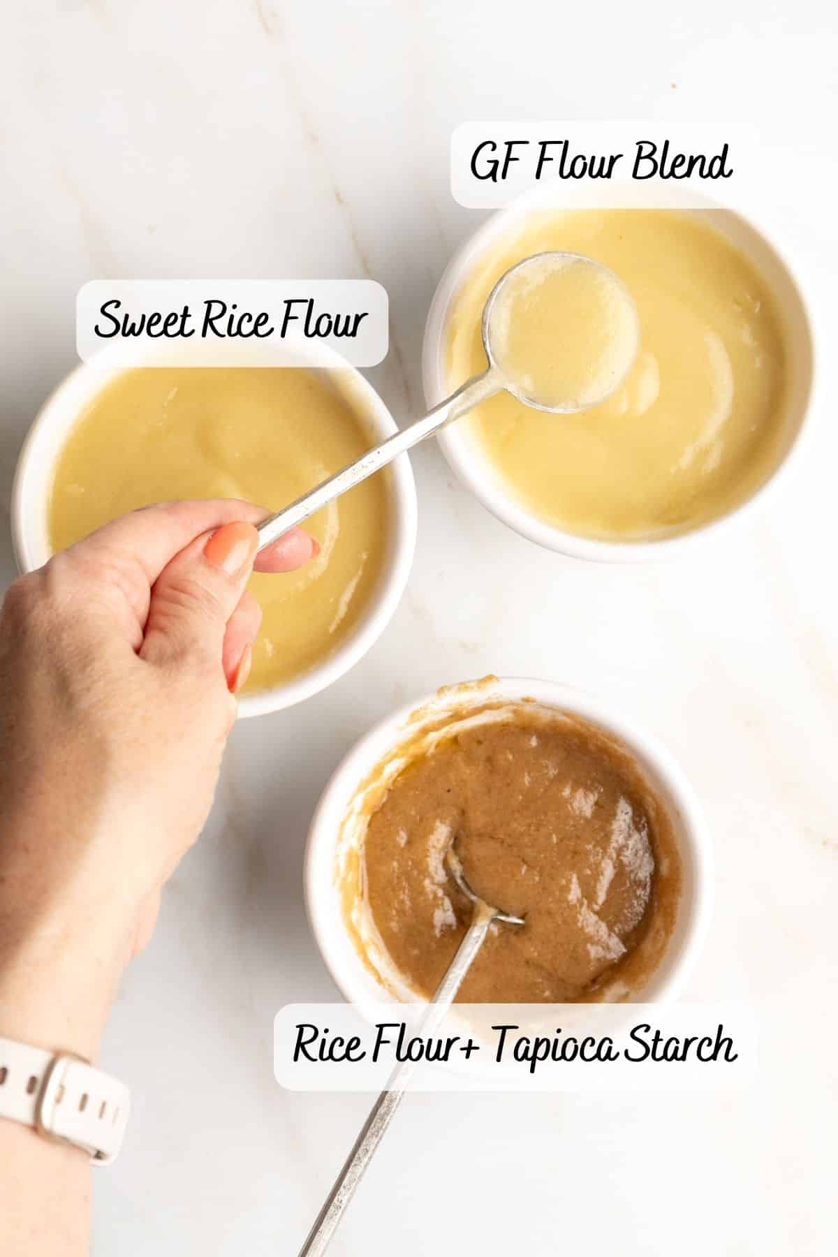 Three different sauces made with gluten-free roux.