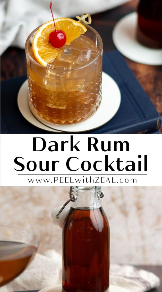 Rum sour in a cocktail glass garnished with an orange slice and a cherry.