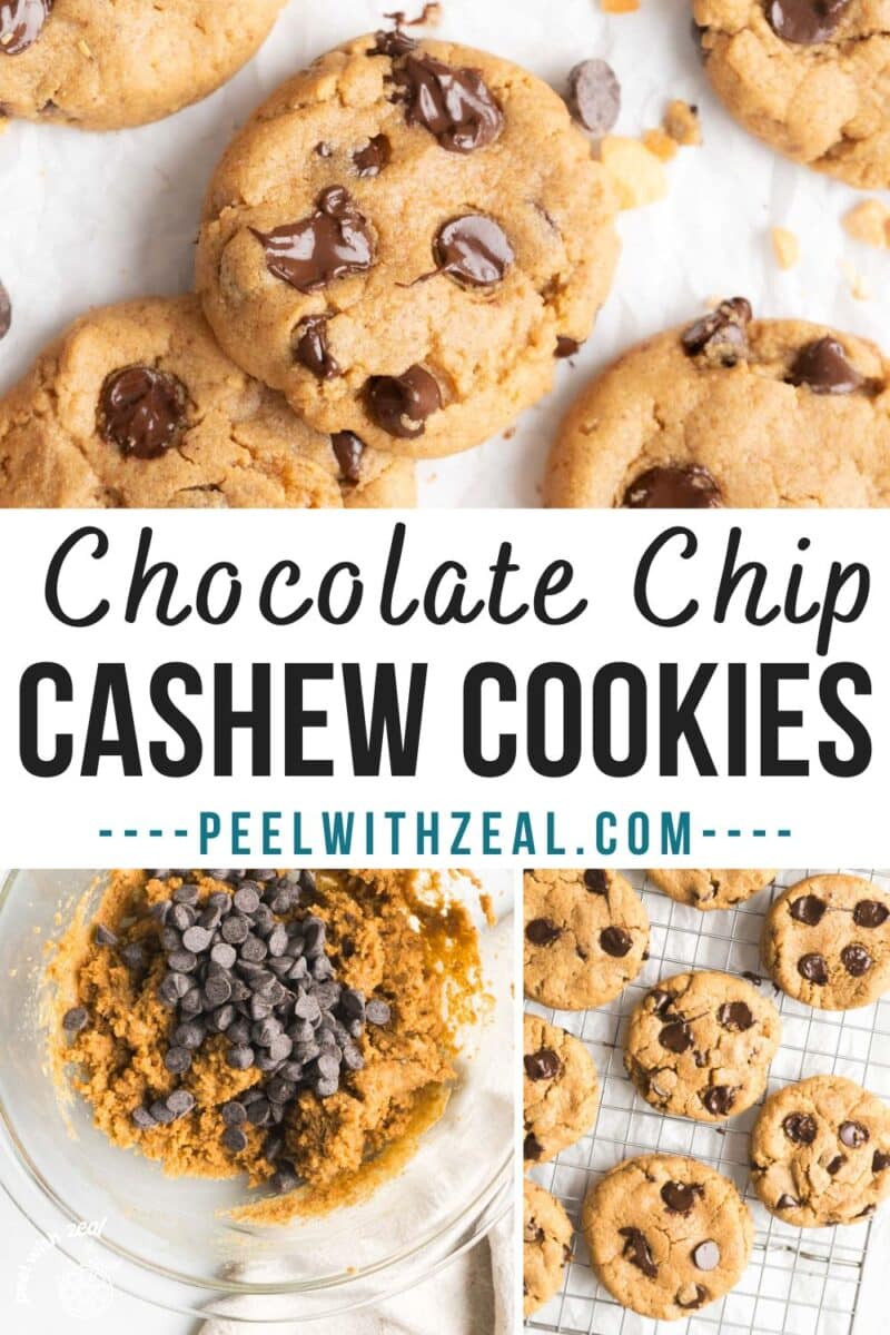 Chocolate chip cashew butter cookies on parchment paper.