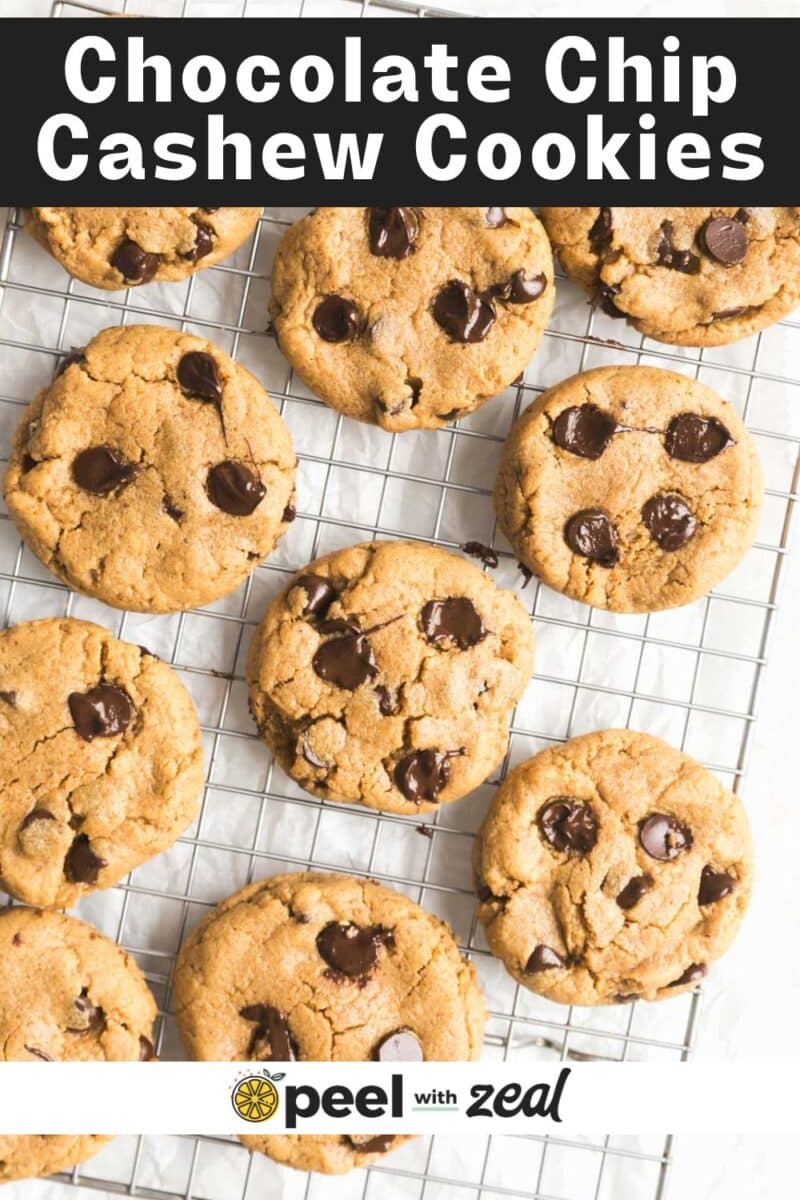 Chocolate chip cashew butter cookies on a wire rack.
