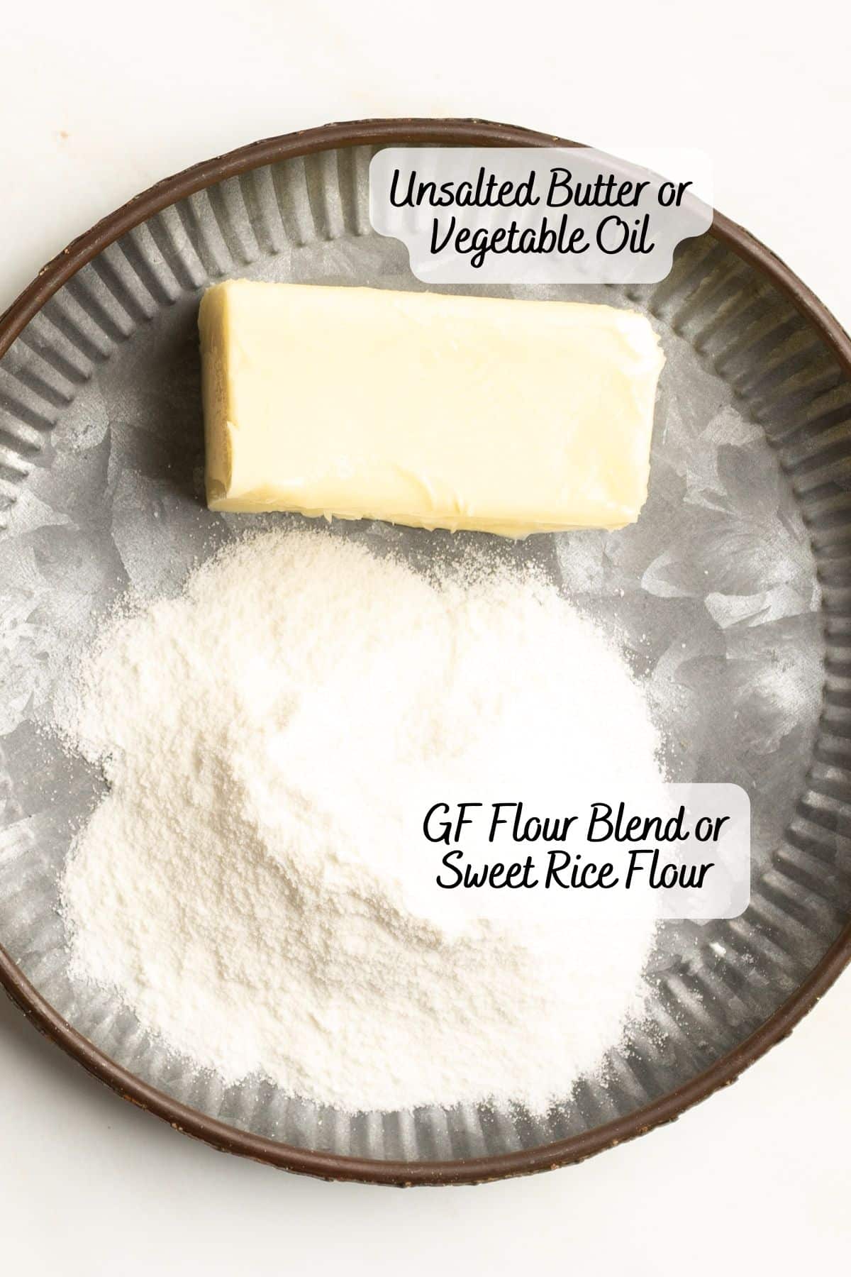 Butter and gluten free flour on a plate.