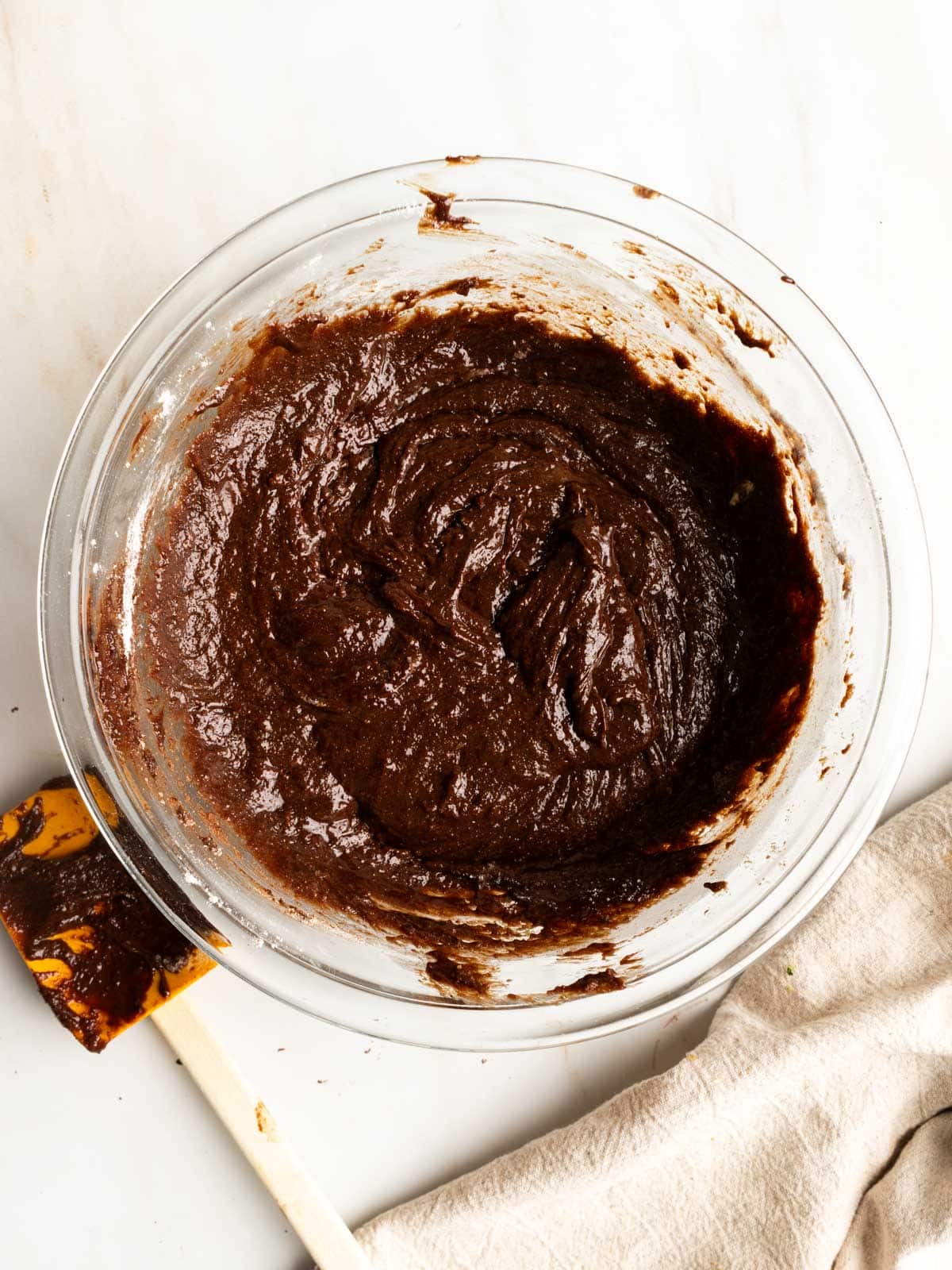 Brownie batter in a mixing bowl. 