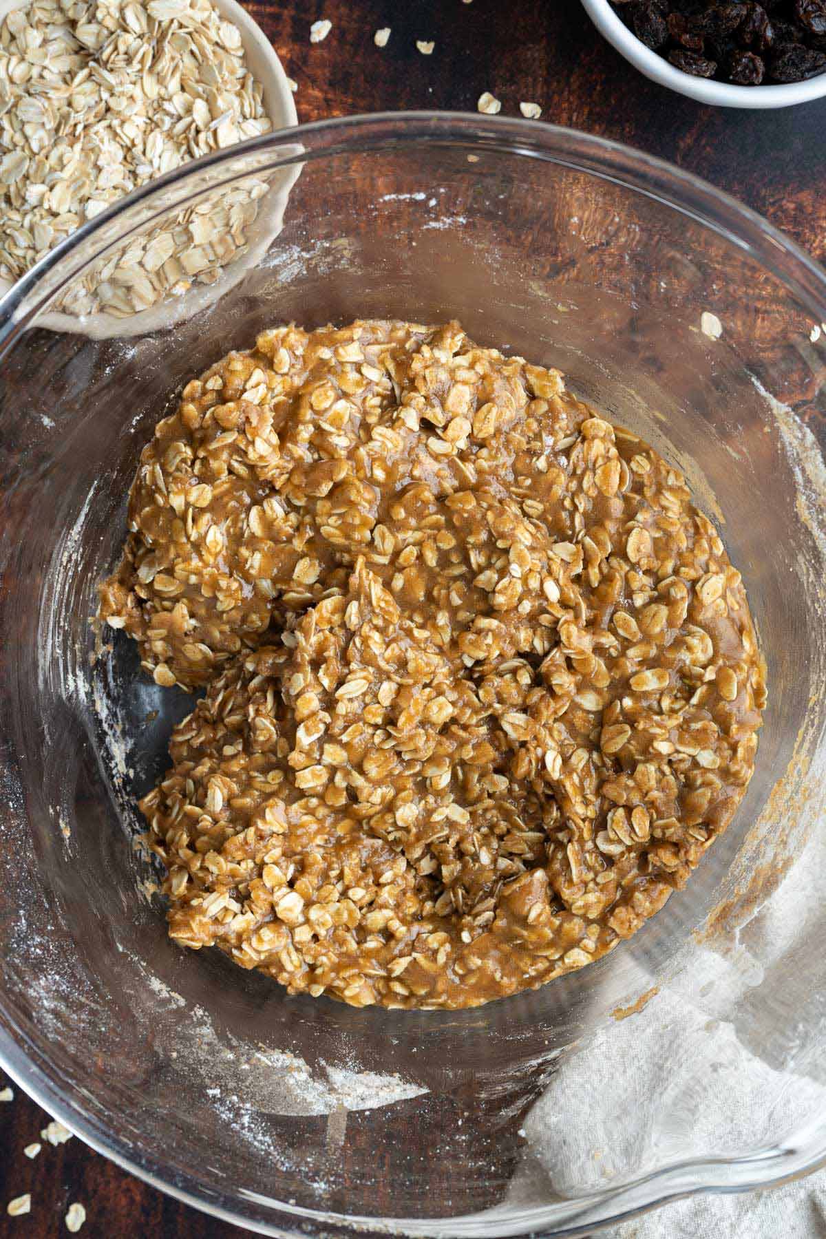 Oatmeal cookie dough in a bowl.