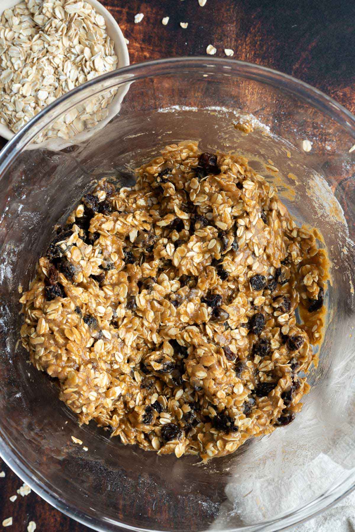 Oatmeal cookie dough with raisins.