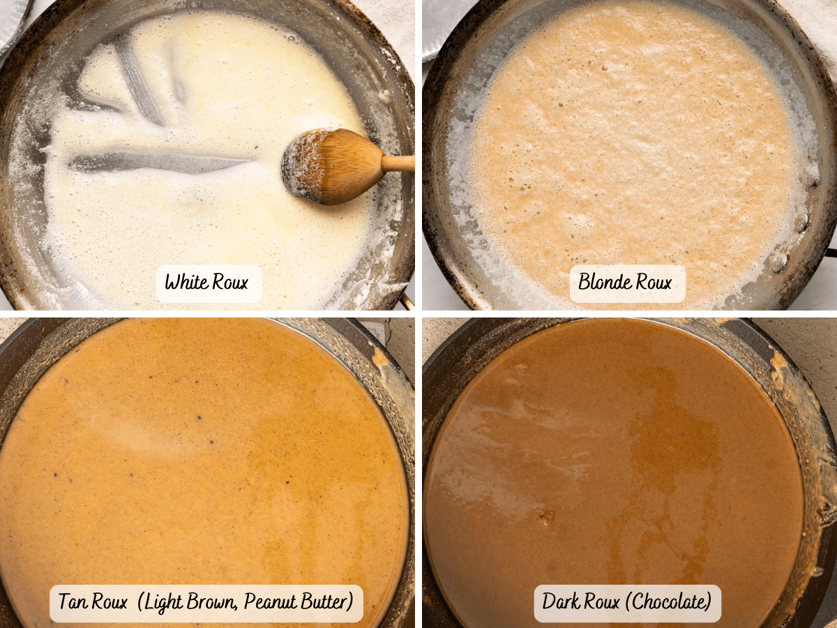 Four images depict stages of a gluten-free roux: white, blonde, tan (light brown, peanut butter), and dark (chocolate), each labeled and stirred in pans.