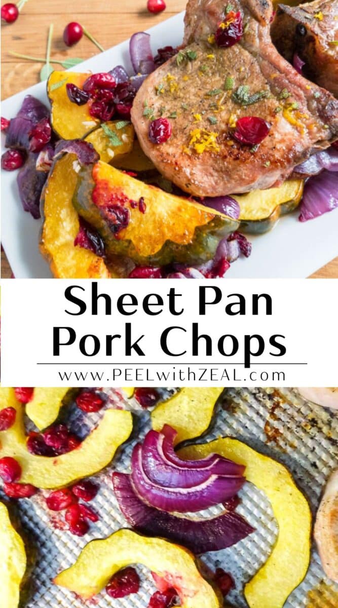 Pork chops and vegetables on a sheet pan.