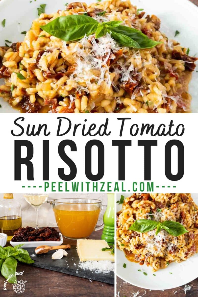 Risotto with sun dried tomatoes in a white bowl.