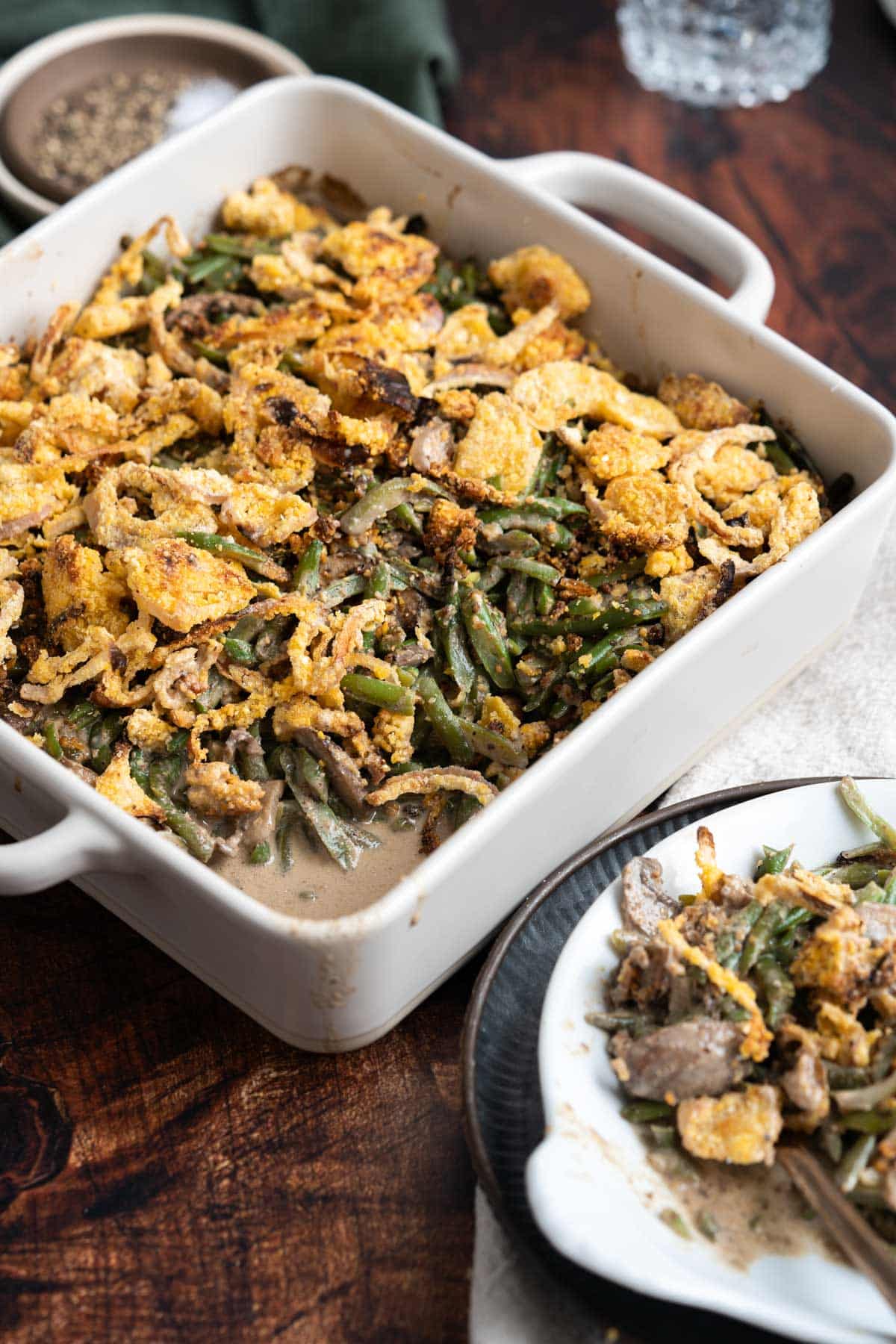 Green bean casserole in a baking dish.