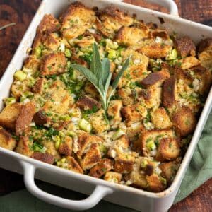 Gluten-free stuffing topped with sage.