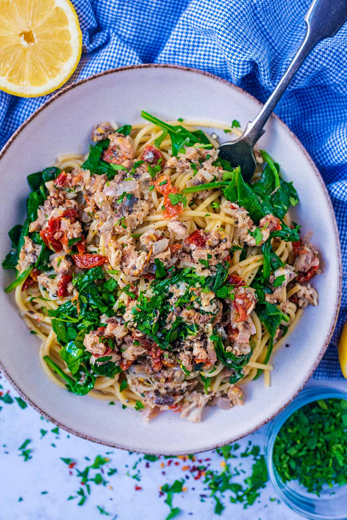 Sardine pasta in a bowl.