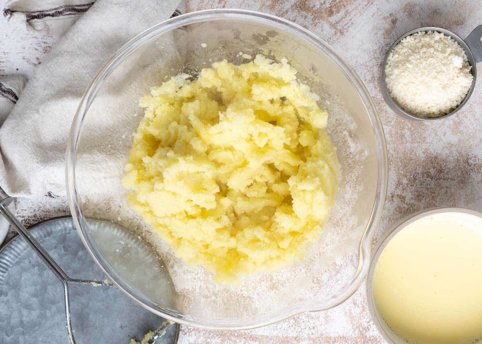 Mashed potatoes in a mixing bowl.