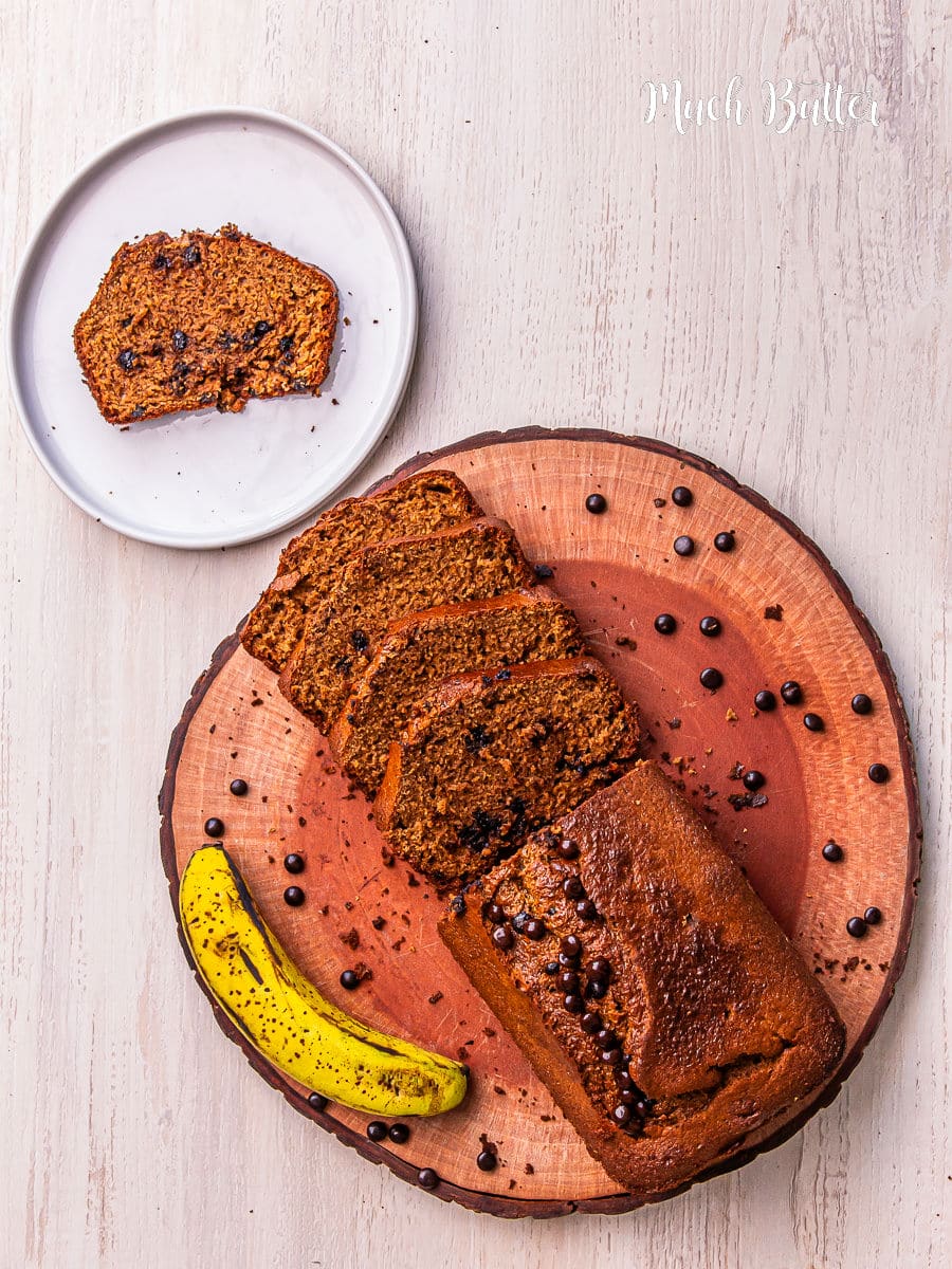 Chocolate banana bread on a serving plate.