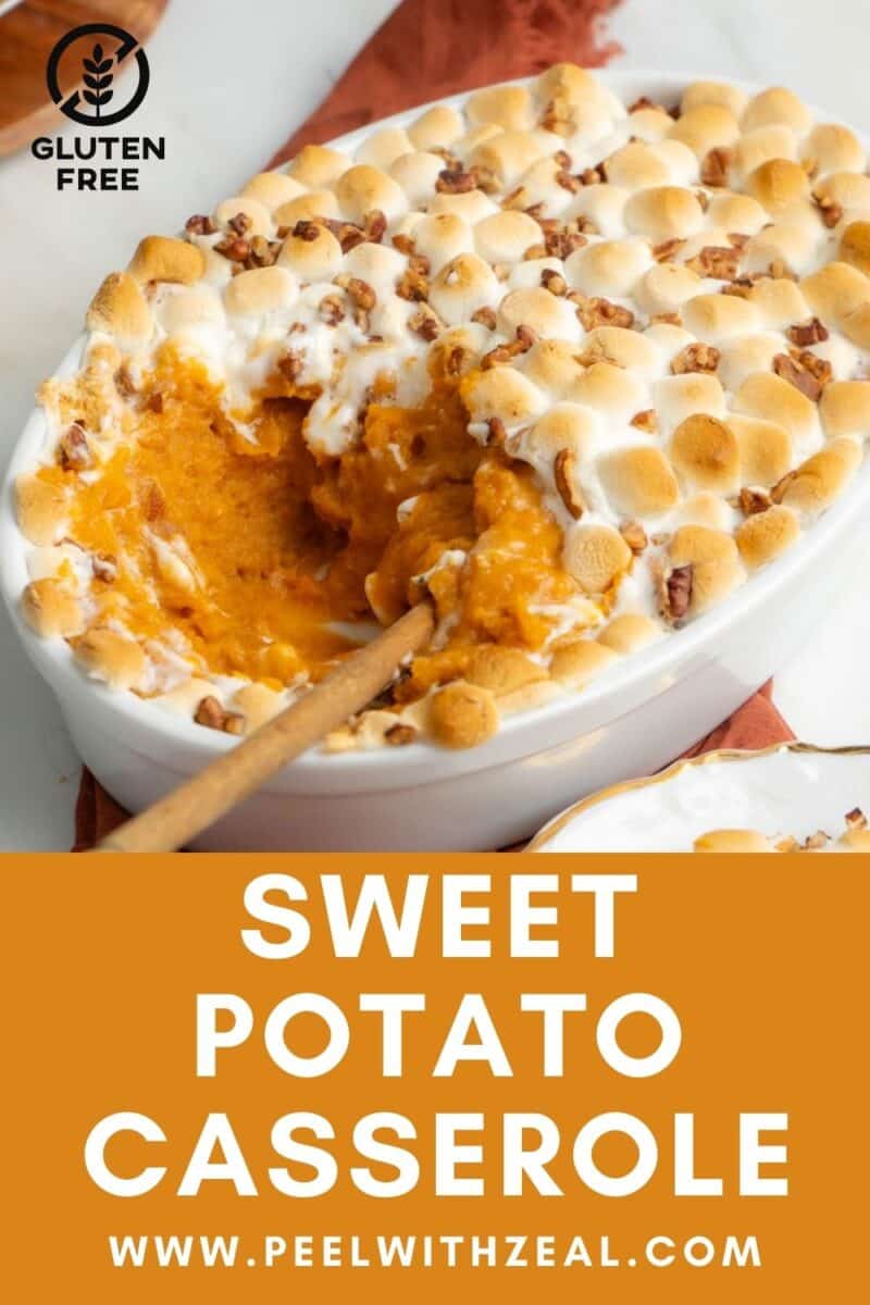 Gluten free sweet potato casserole with mini marshmallows in a baking dish.