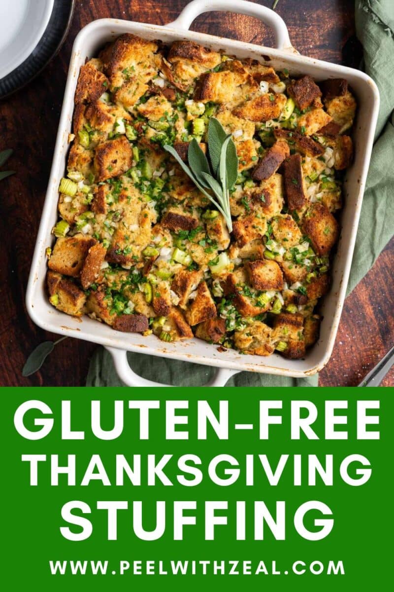 Baked gluten-free stuffing topped with sage.